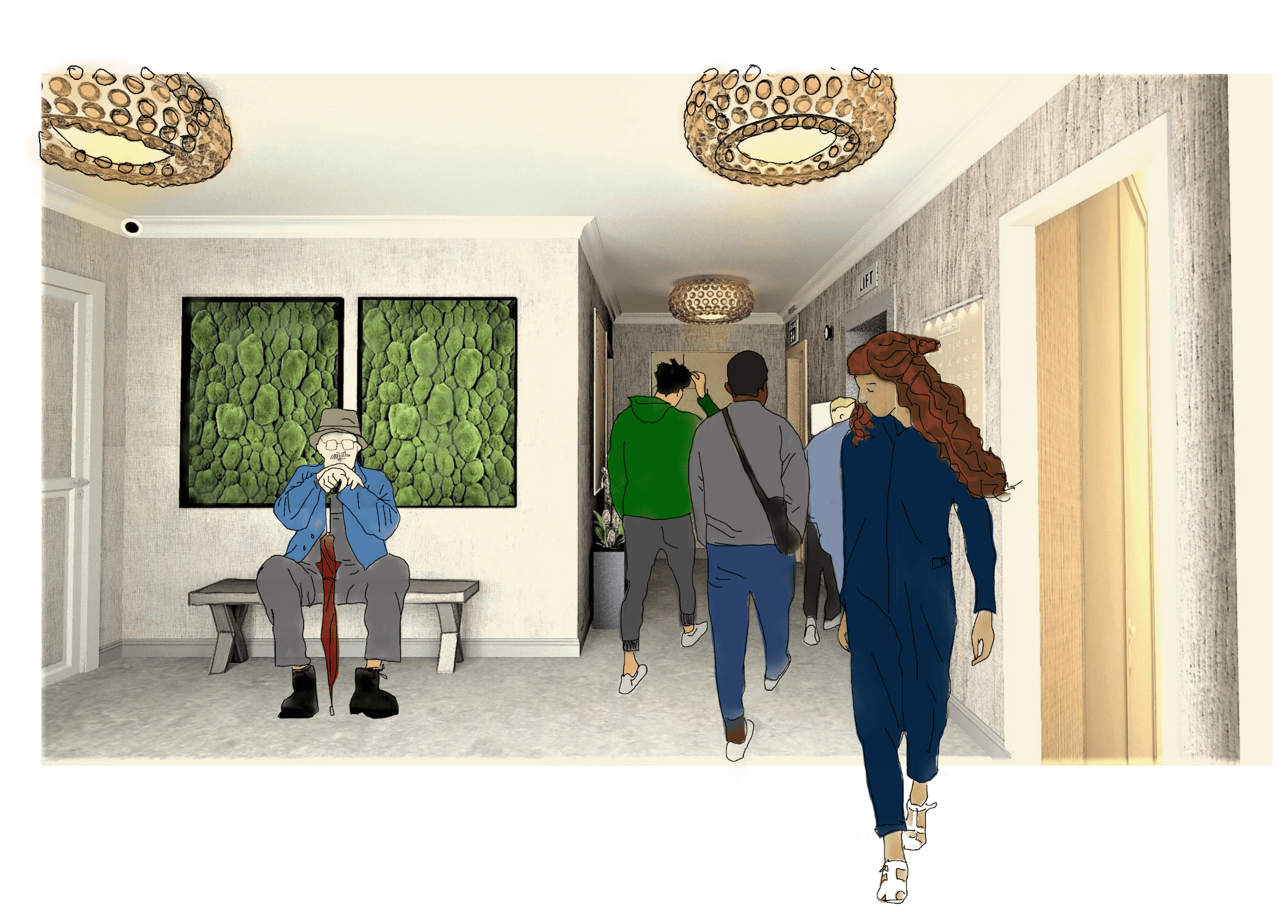 Illustration of block of flats communal hallway with people